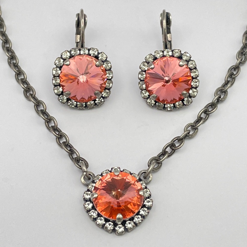 Peach Rivoli Sparkling Rhinestone Necklace Earring Set Similar to Sabika - Picture 9 of 11